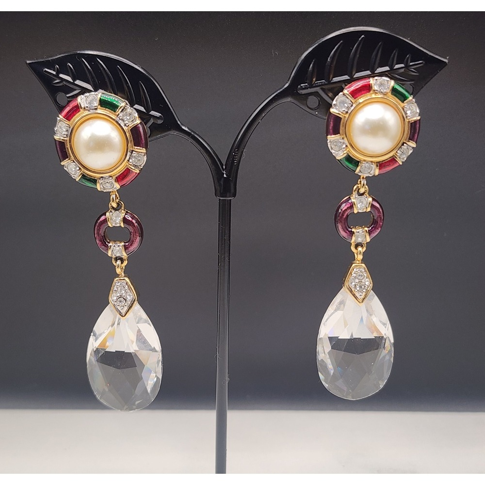 Vintage Swarovski Crystal Pearl Enamel Teardrop Clip On Drop Earrings Gold Tone